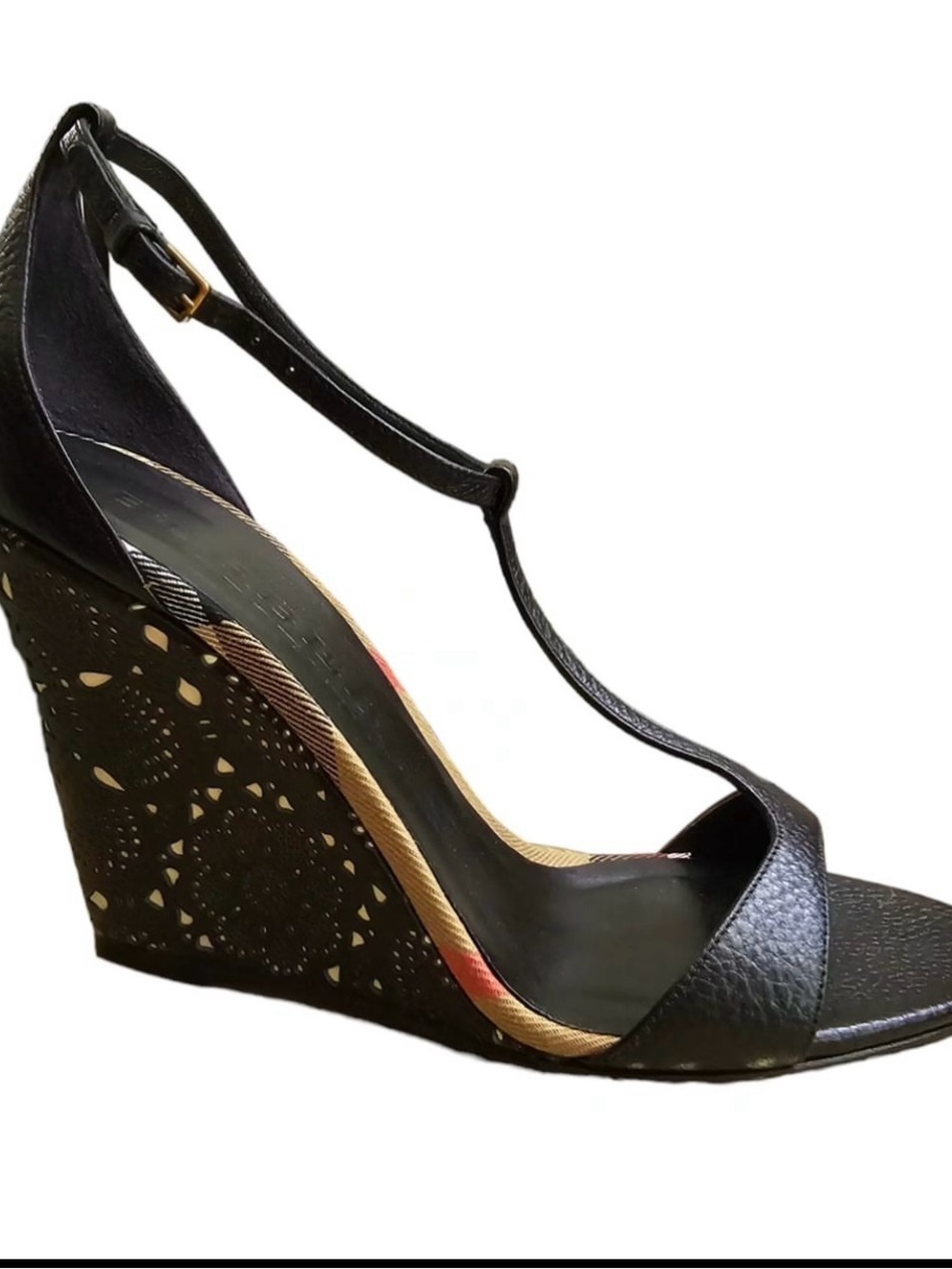 Burberry Black Laser-Cut Wedge Sandals with T‑Strap - Picture 2 of 4